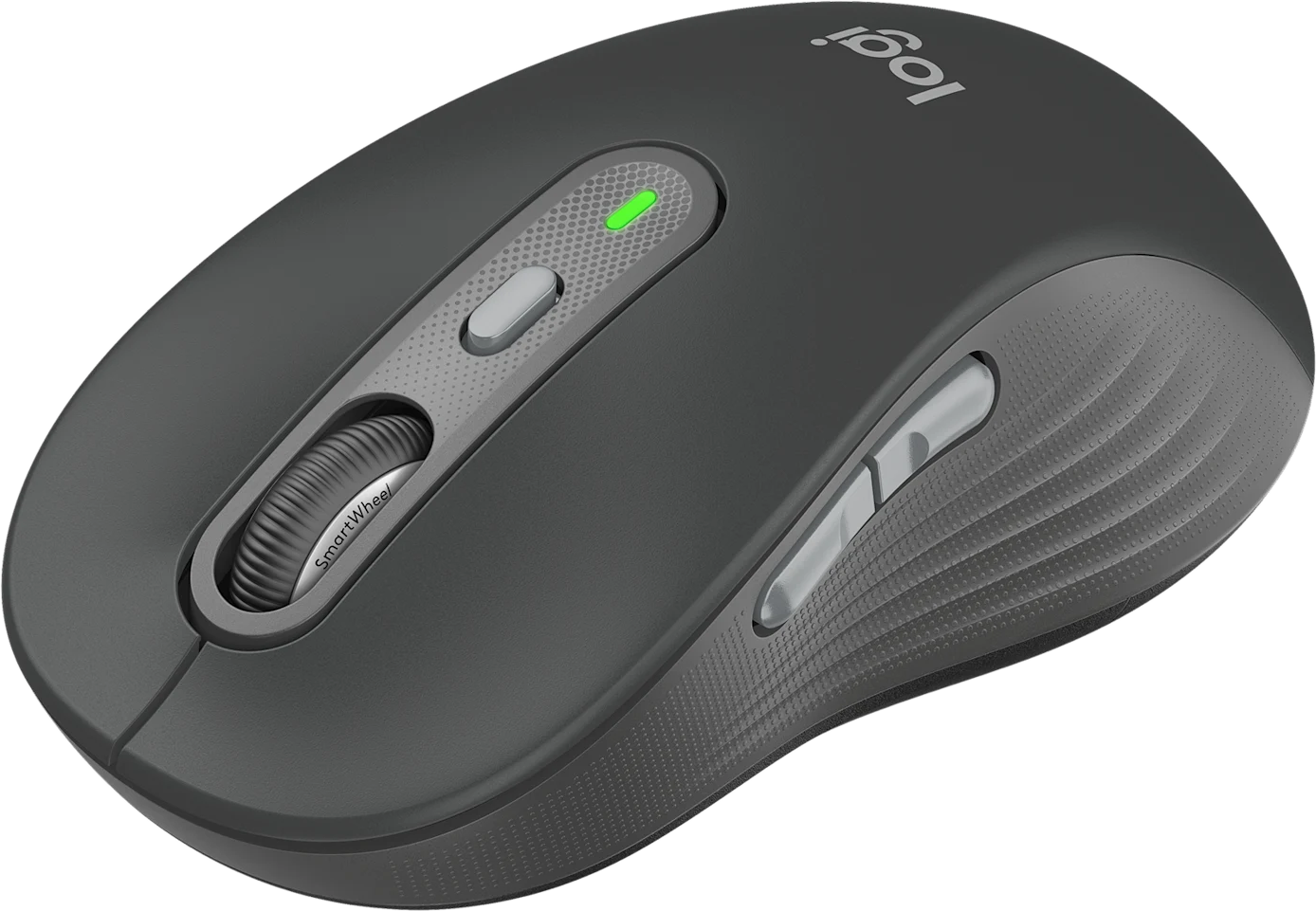 Une souris sans fil Logitech grise avec SmartWheel, deux boutons latéraux et un voyant LED vert.