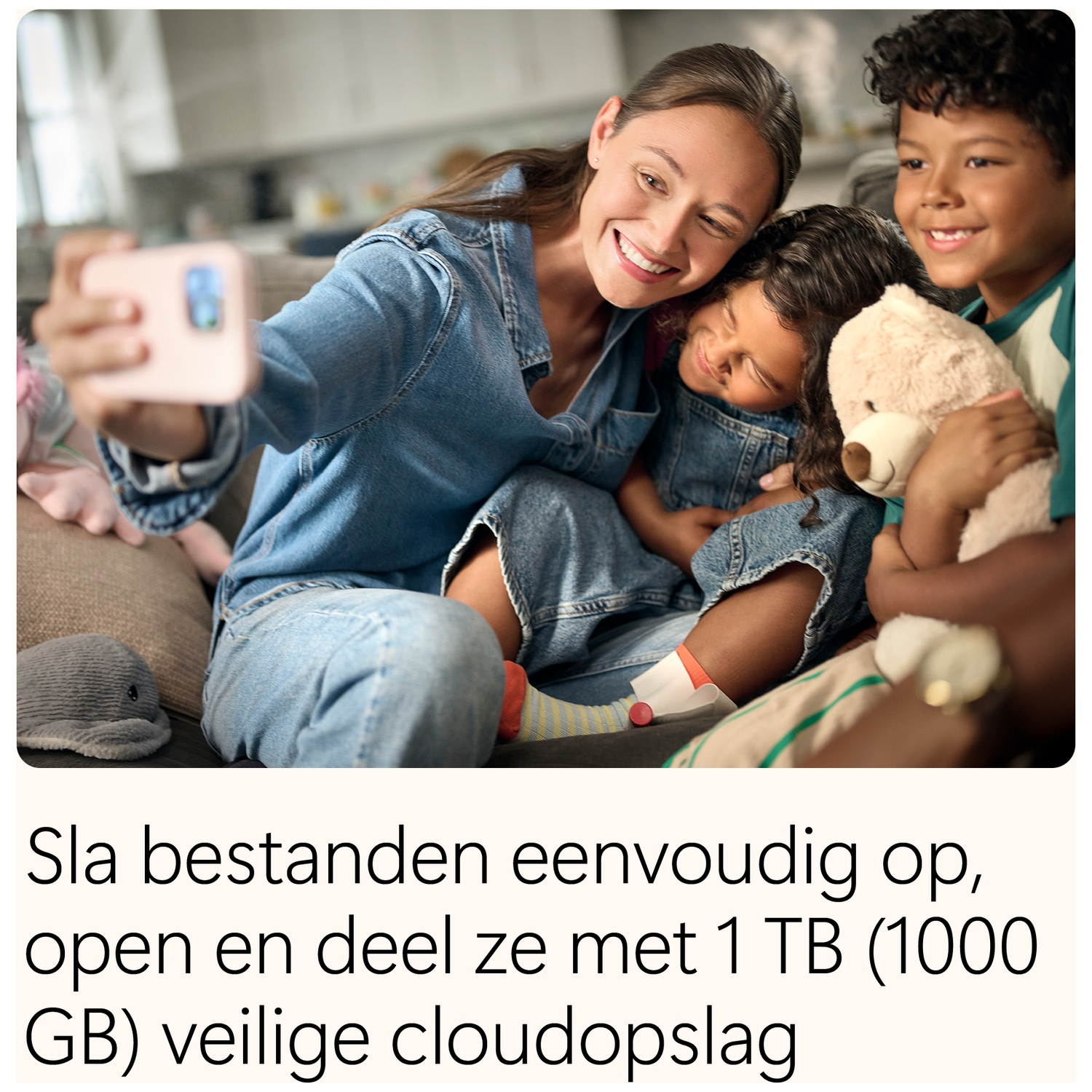 A woman takes a selfie with two children holding plush toys, with text below.