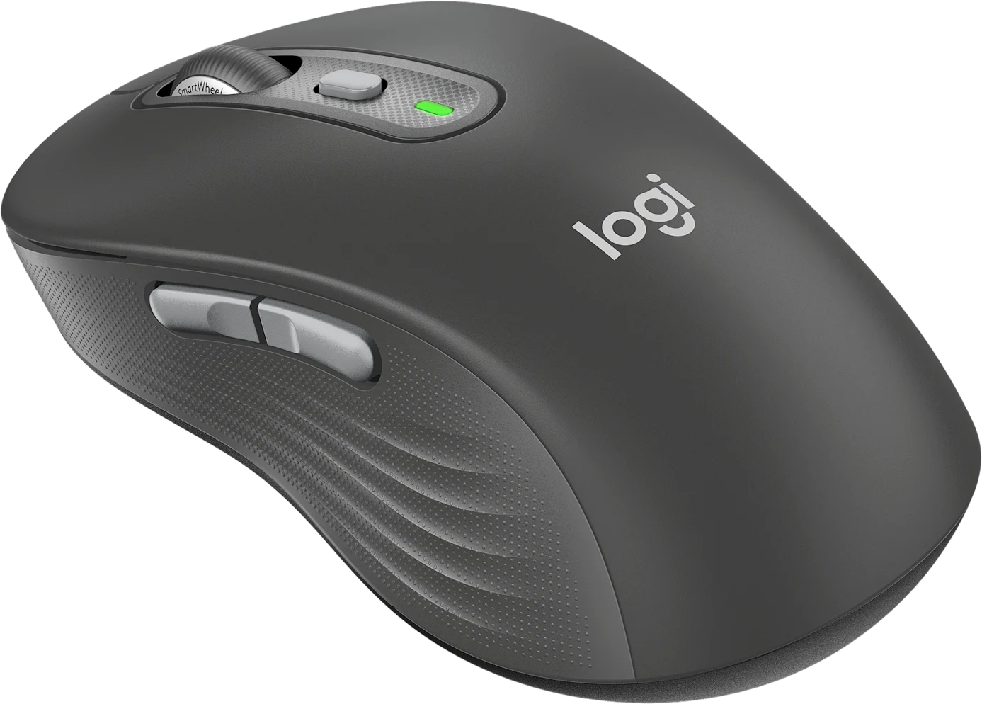 Souris sans fil grise Logitech avec boutons latéraux, roulette et voyant LED vert sur fond noir.