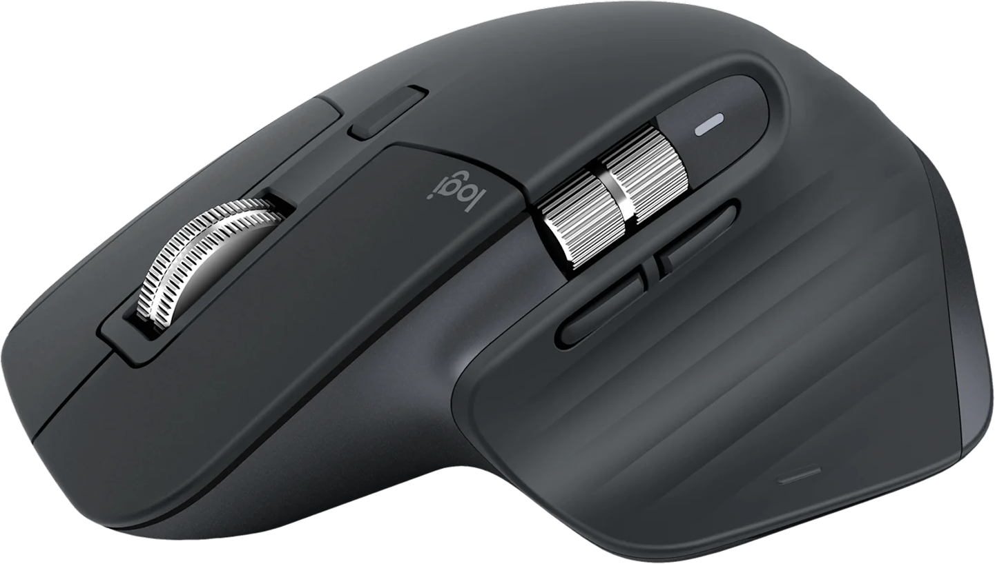 Un mouse wireless nero con rotelline di scorrimento in metallo e poggiapollice su sfondo nero.