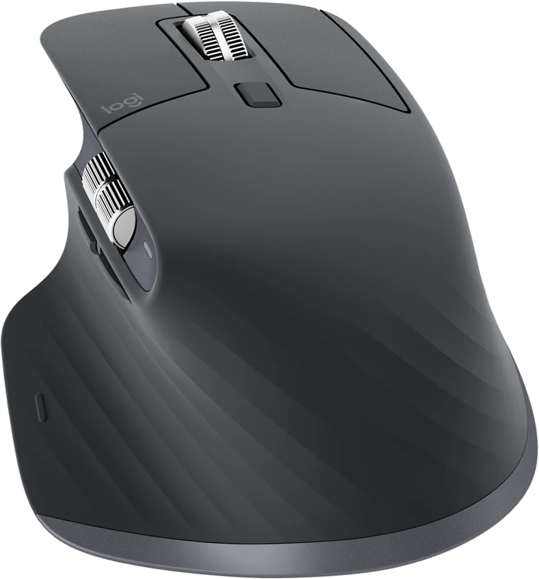 Mouse per computer wireless grigio scuro con rotelline di scorrimento in metallo.