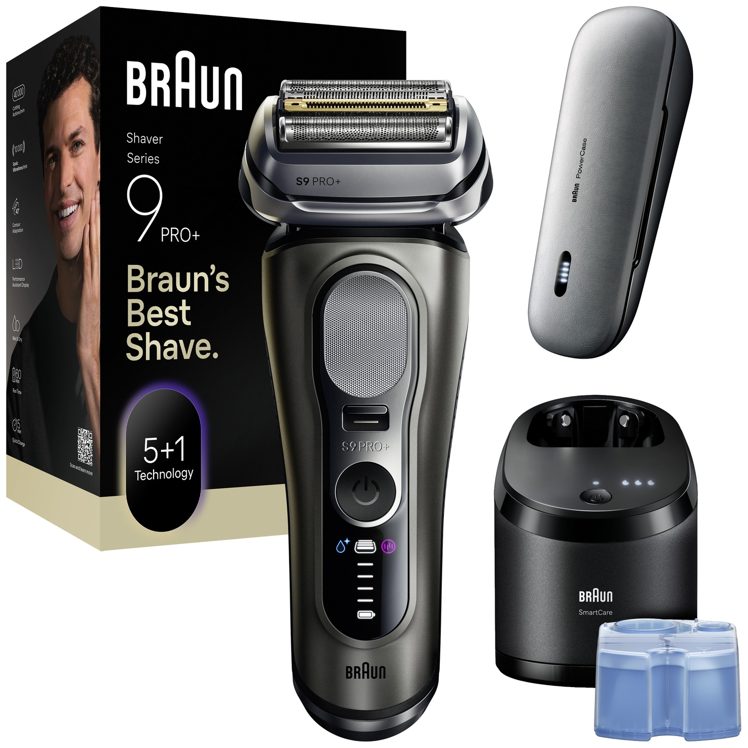 Braun Series 9 Pro+ electric shaver with packaging, charging case, cleaning station, and cartridge on white.