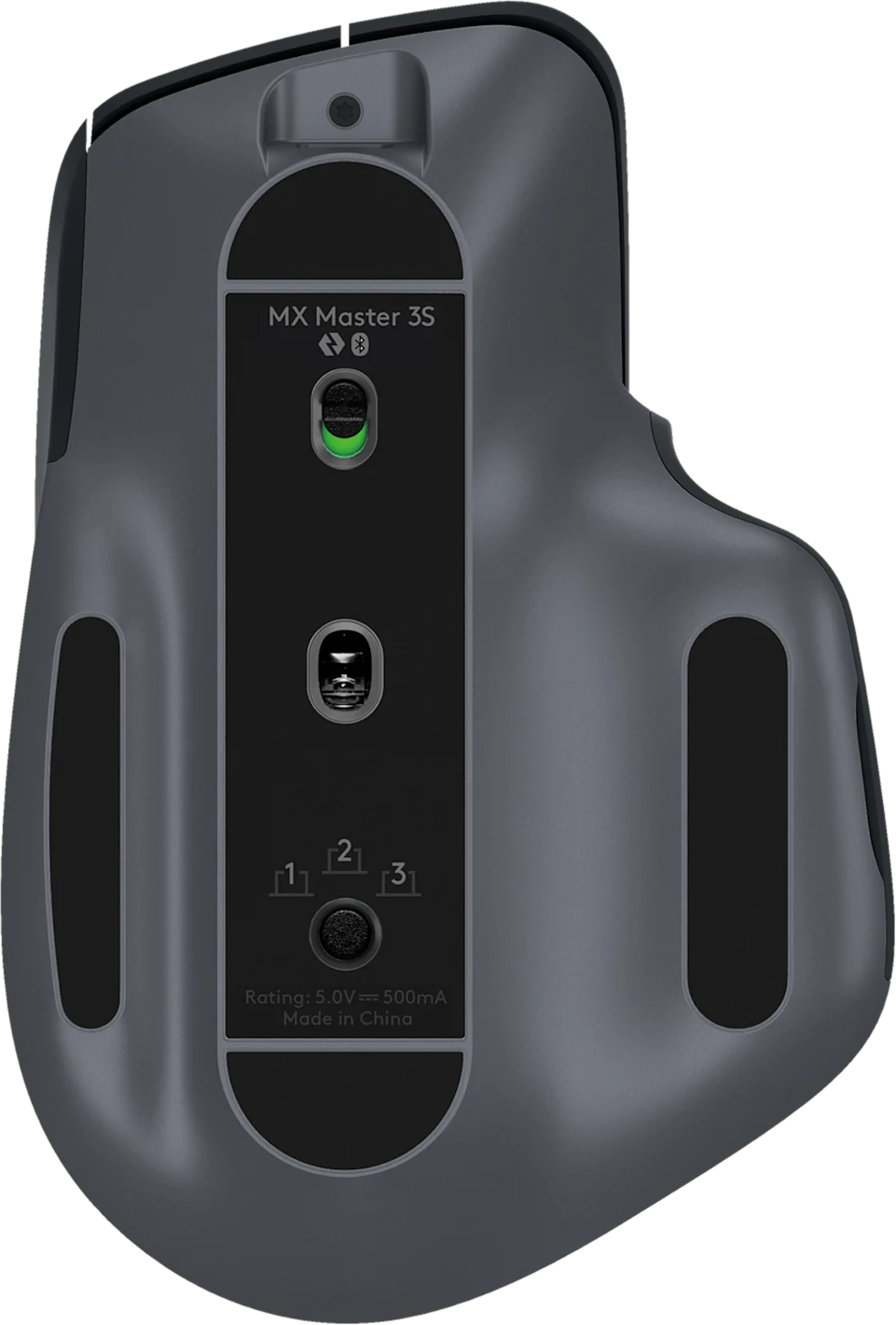 La parte inferiore di un mouse per computer wireless grigio MX Master 3S con sensore e interruttore.