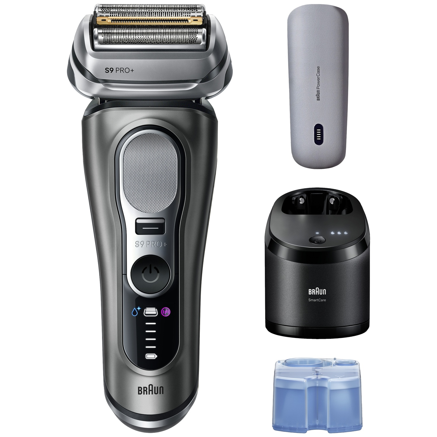 Braun S9 Pro+ shaver with PowerCase, cleaning station, and cartridge.
