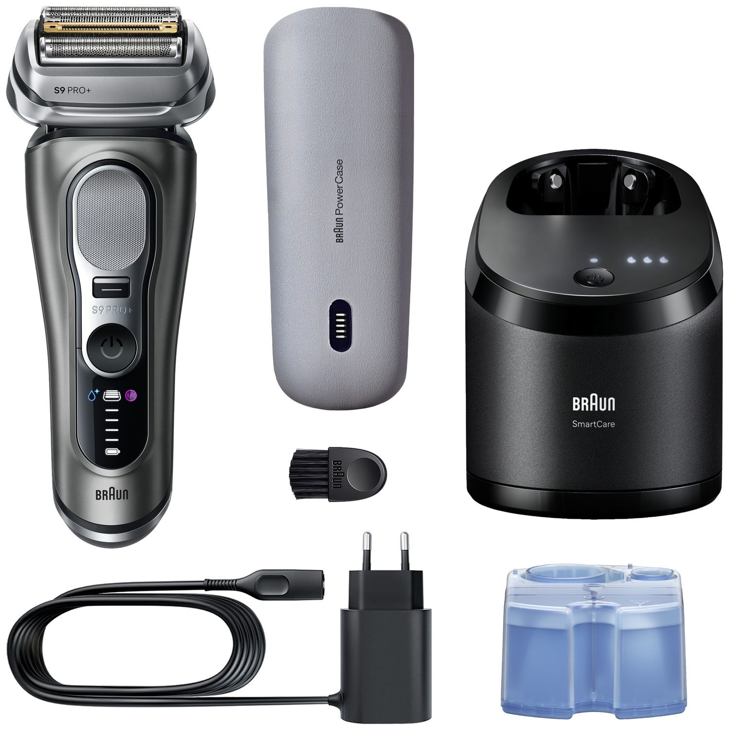 Braun shaver S9 Pro+ with PowerCase, SmartCare station, cleaning brush, charging cable, plug, and cleaning cartridge.