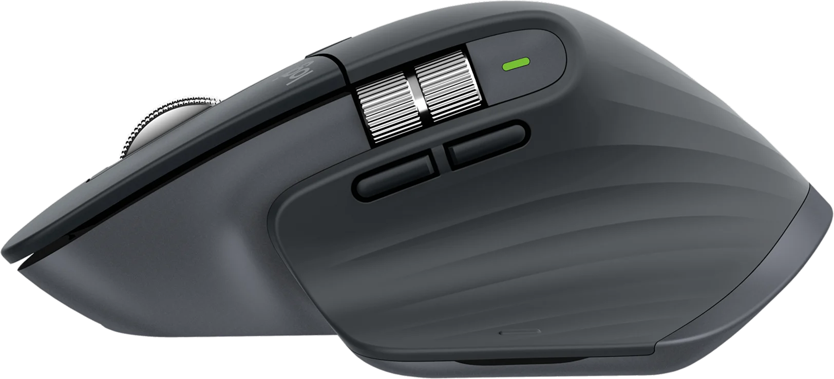 Vista laterale di un mouse wireless grigio scuro con rotellina per il pollice e due pulsanti su sfondo nero.