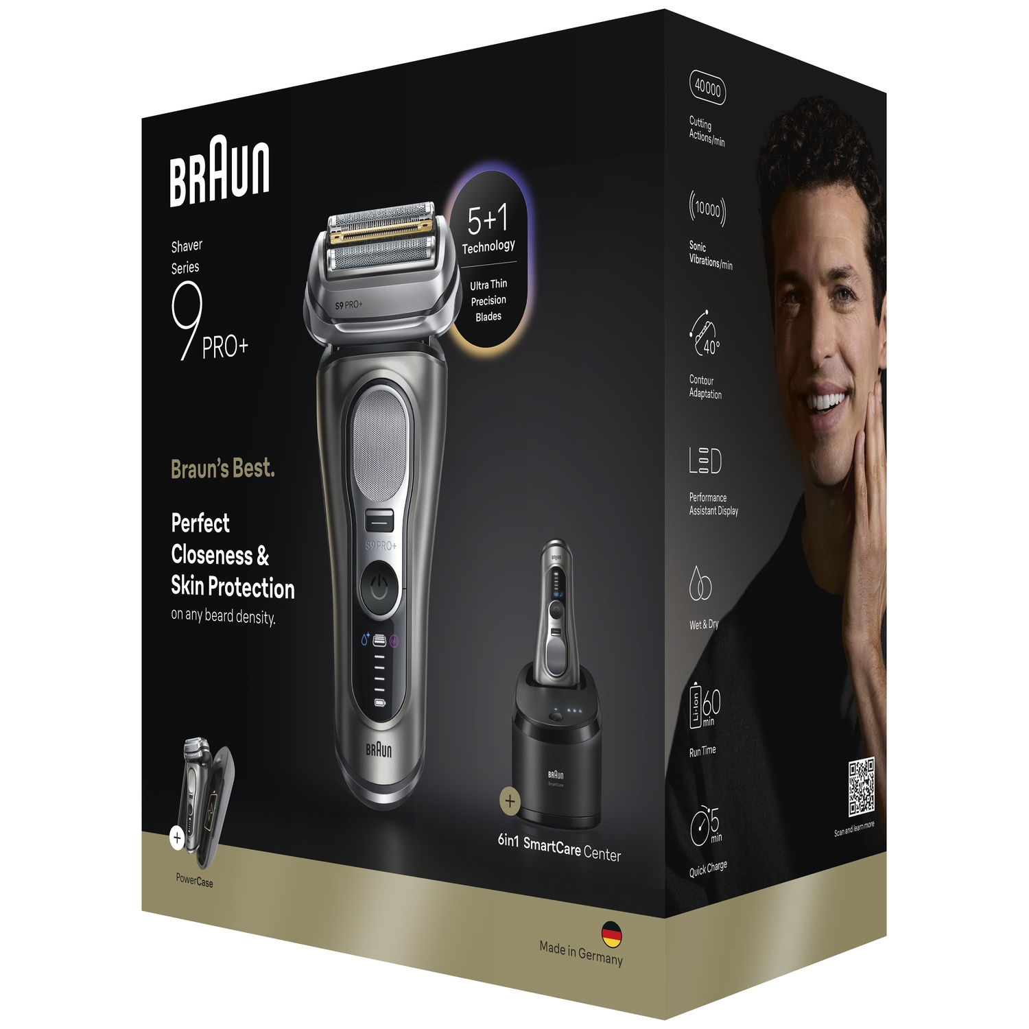 Braun Series 9 Pro+ shaver in black product packaging with a charging base.