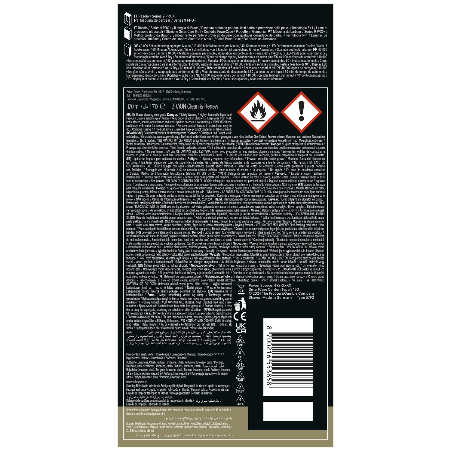 Back of a Braun shaver packaging with product information and warning labels.