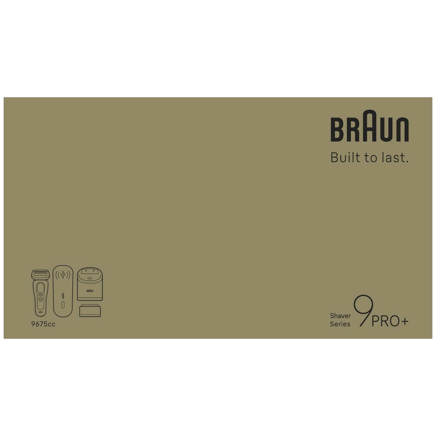 Olive green Braun Series 9 Pro+ 9675cc shaver product banner featuring black logo and outline drawings.