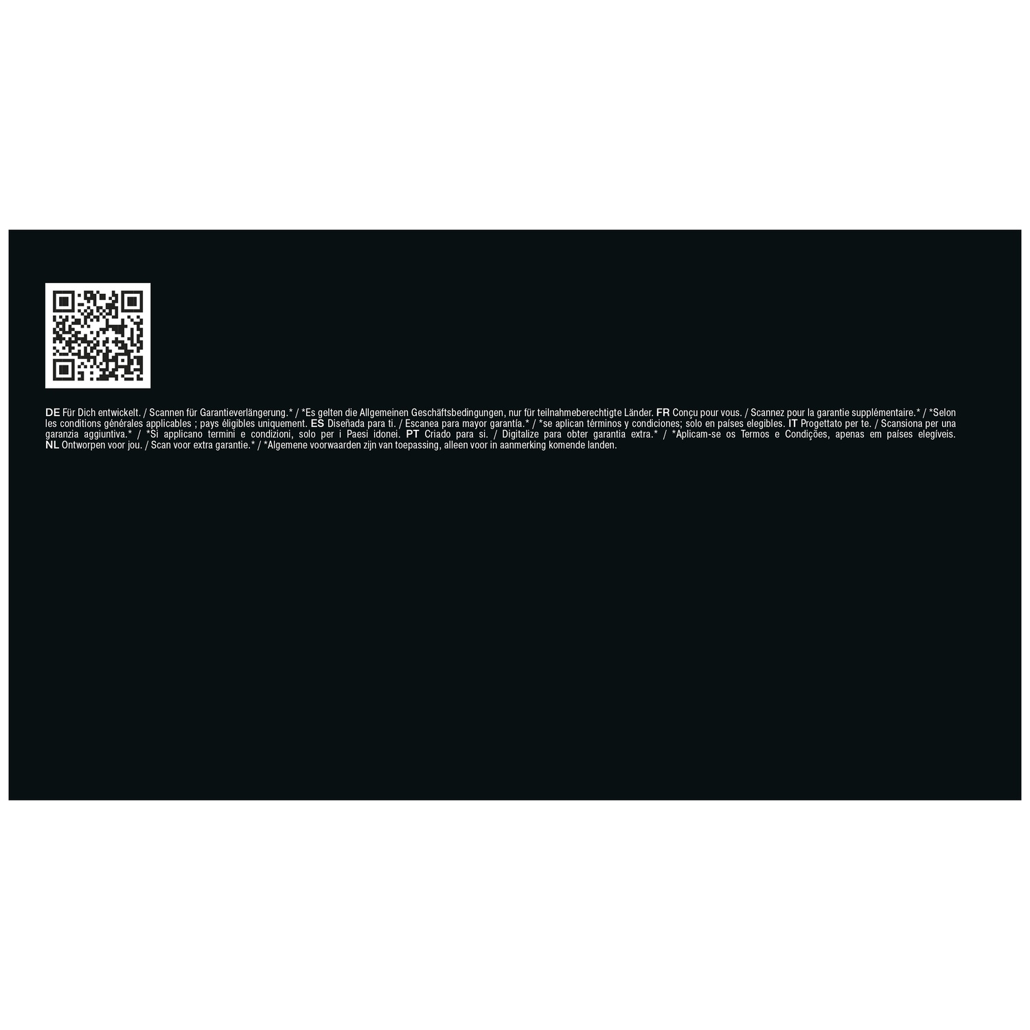 A QR code on a black background with multilingual text regarding warranty extension.