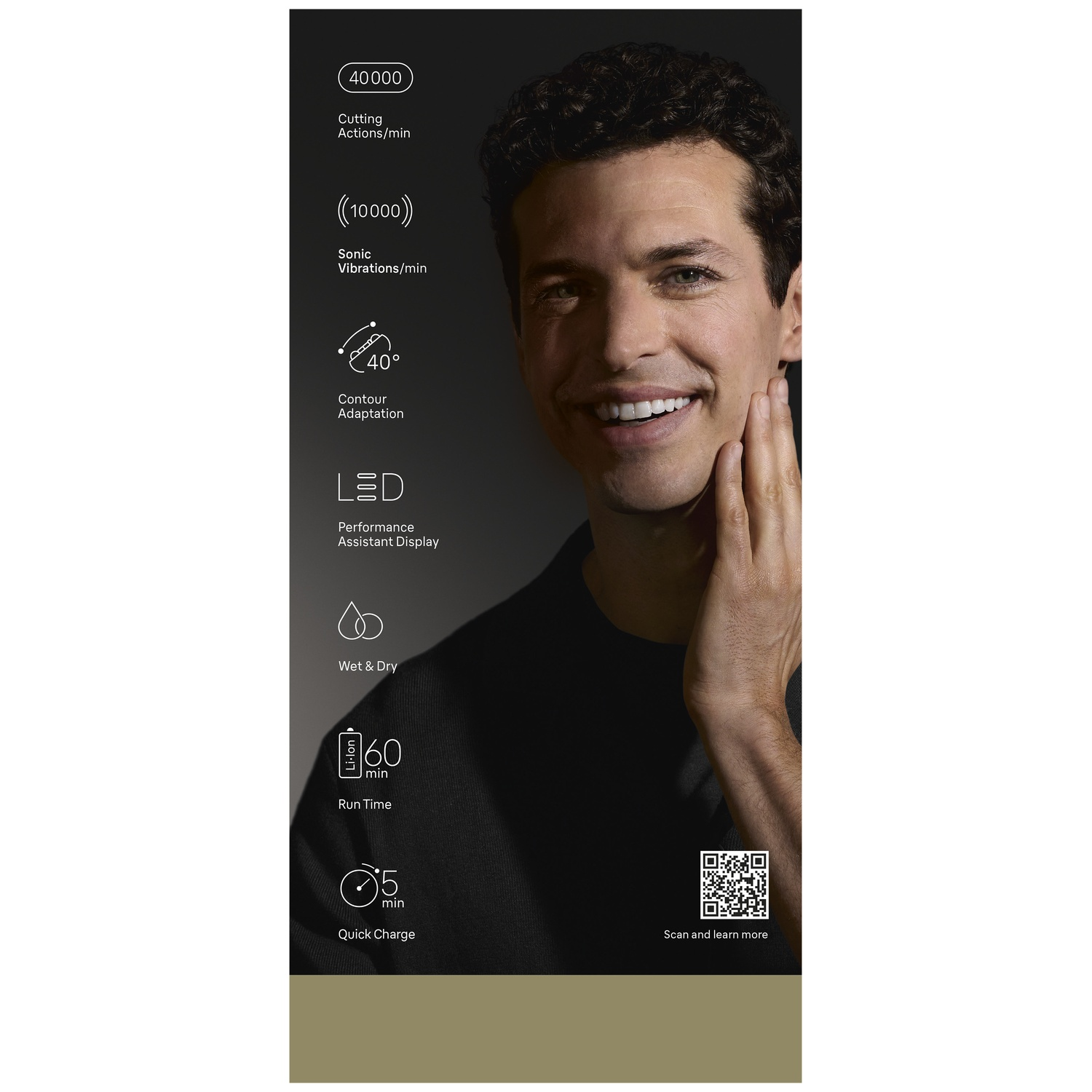 Man touching smooth face, with feature icons on the left and QR code at the bottom right.