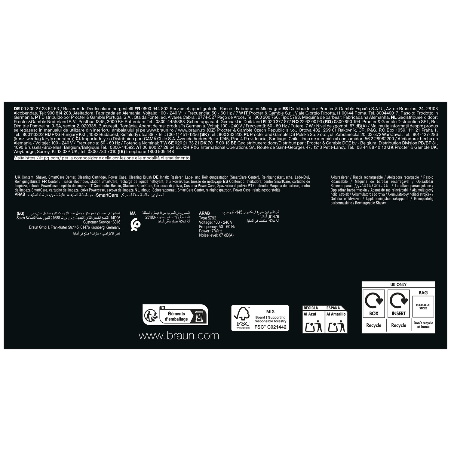 Detailed product information and recycling symbols on a black background.
