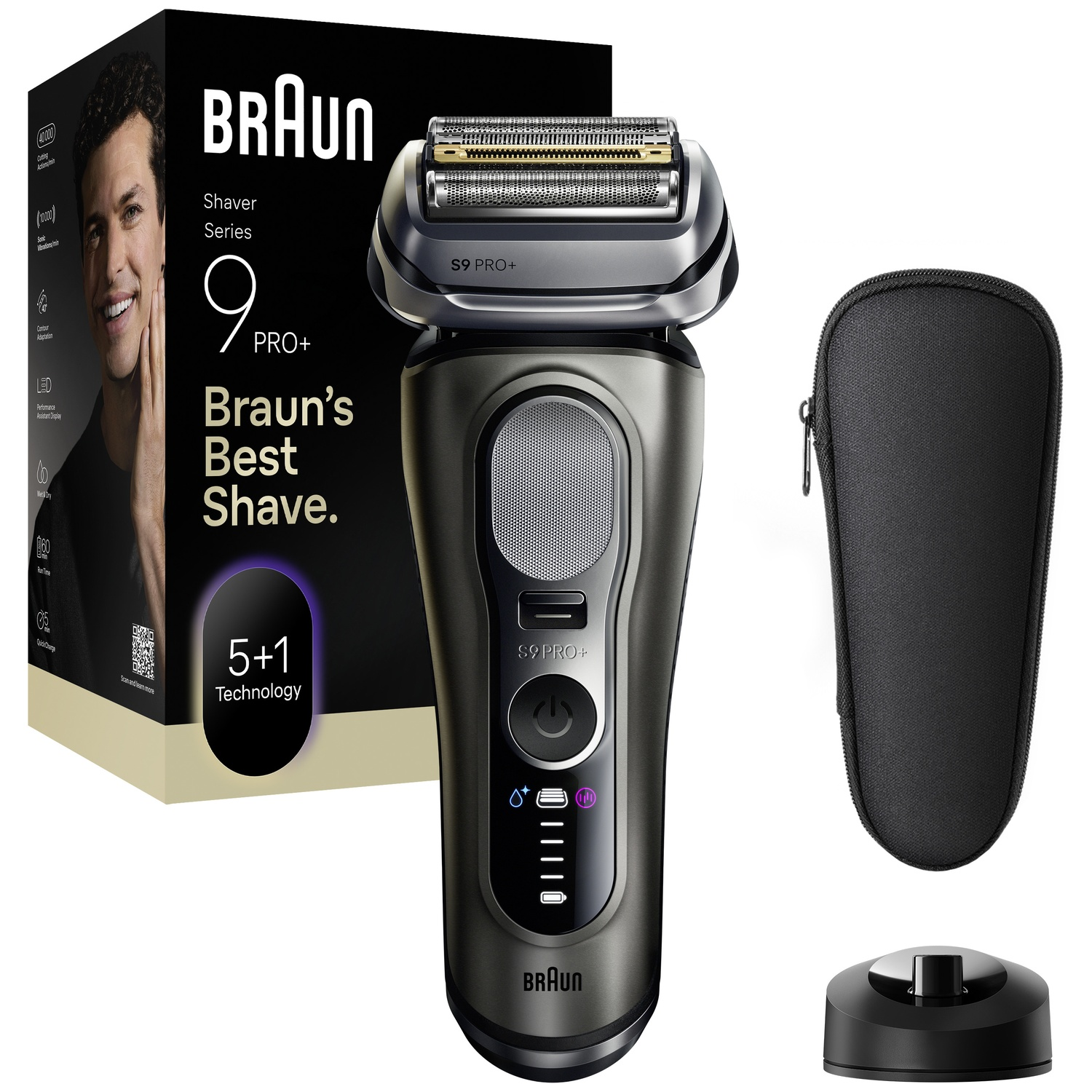 Braun Series 9 Pro+ shaver with packaging, black travel case, and charging stand on a white background.