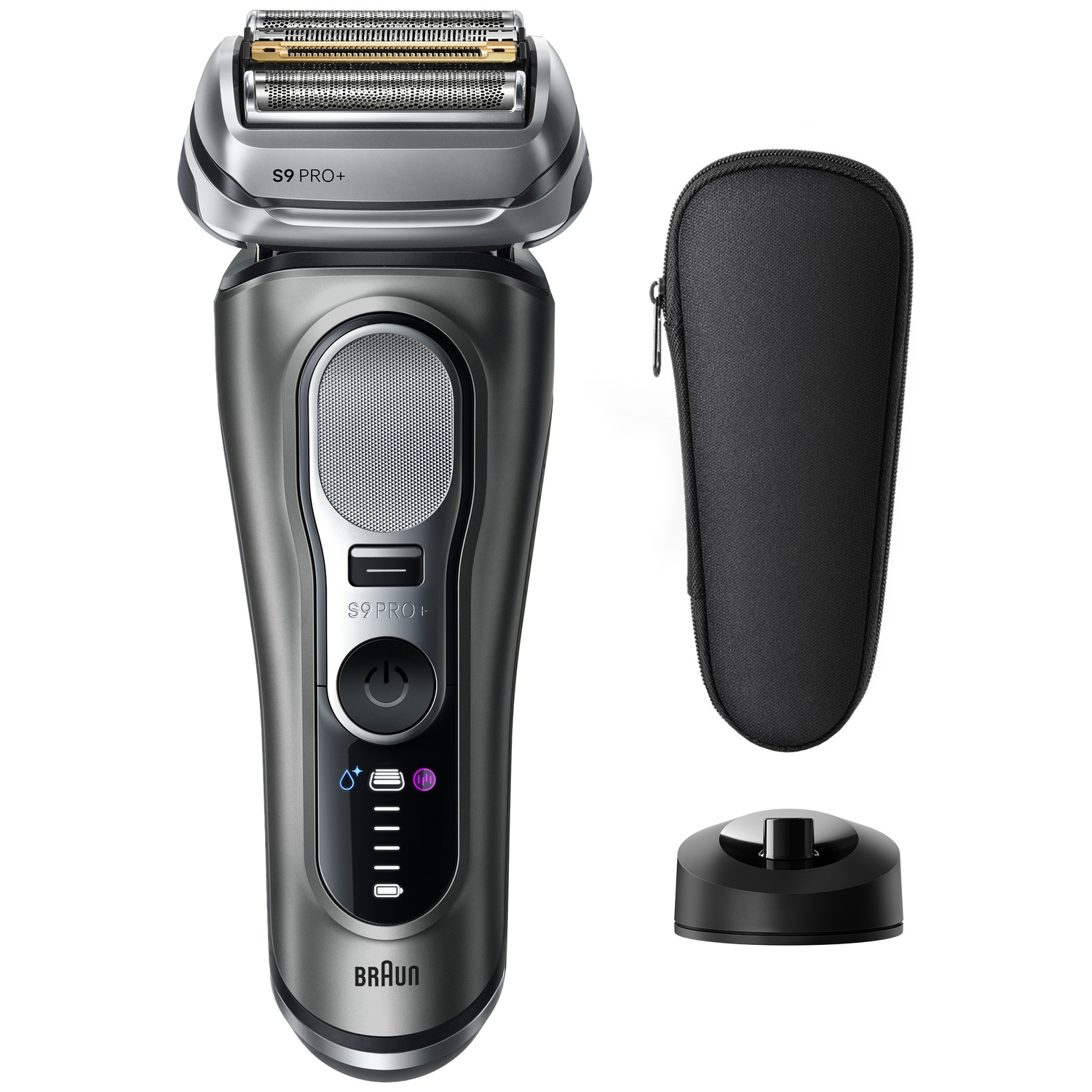 Grey Braun S9 Pro+ electric shaver with black travel case and charging stand on white background.