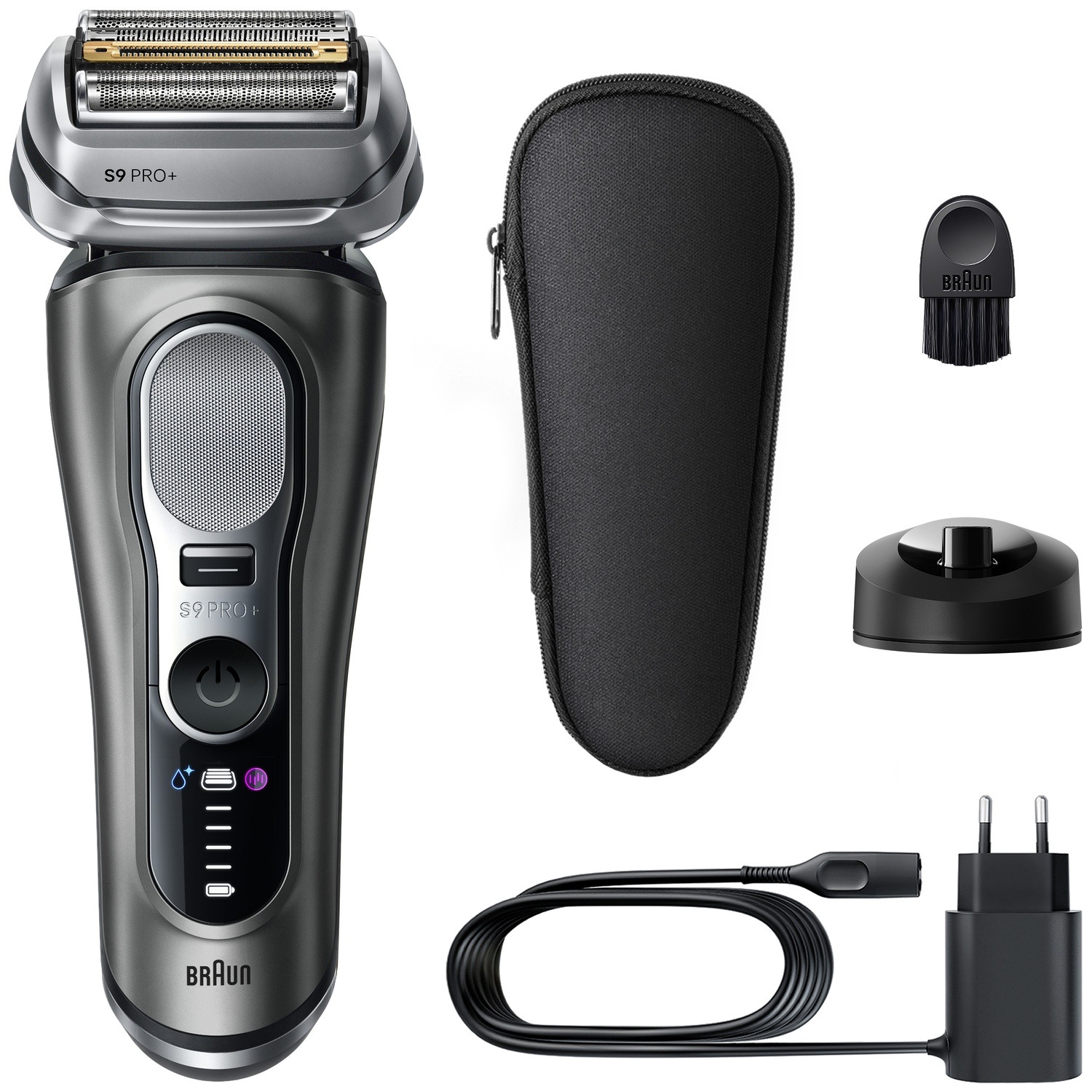 Grey Braun S9 Pro+ electric shaver with case, charging cable, charging stand, and cleaning brush on white.