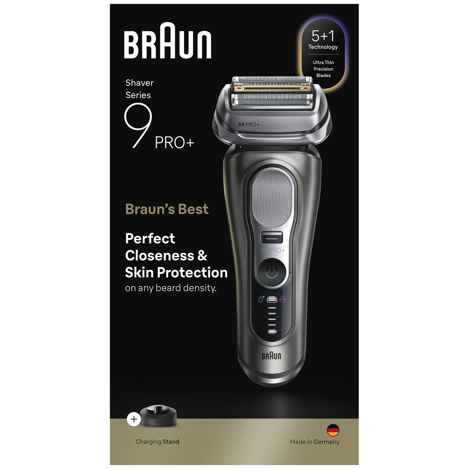 Grey Braun Shaver Series 9 PRO+ electric razor against a black background with white product text.