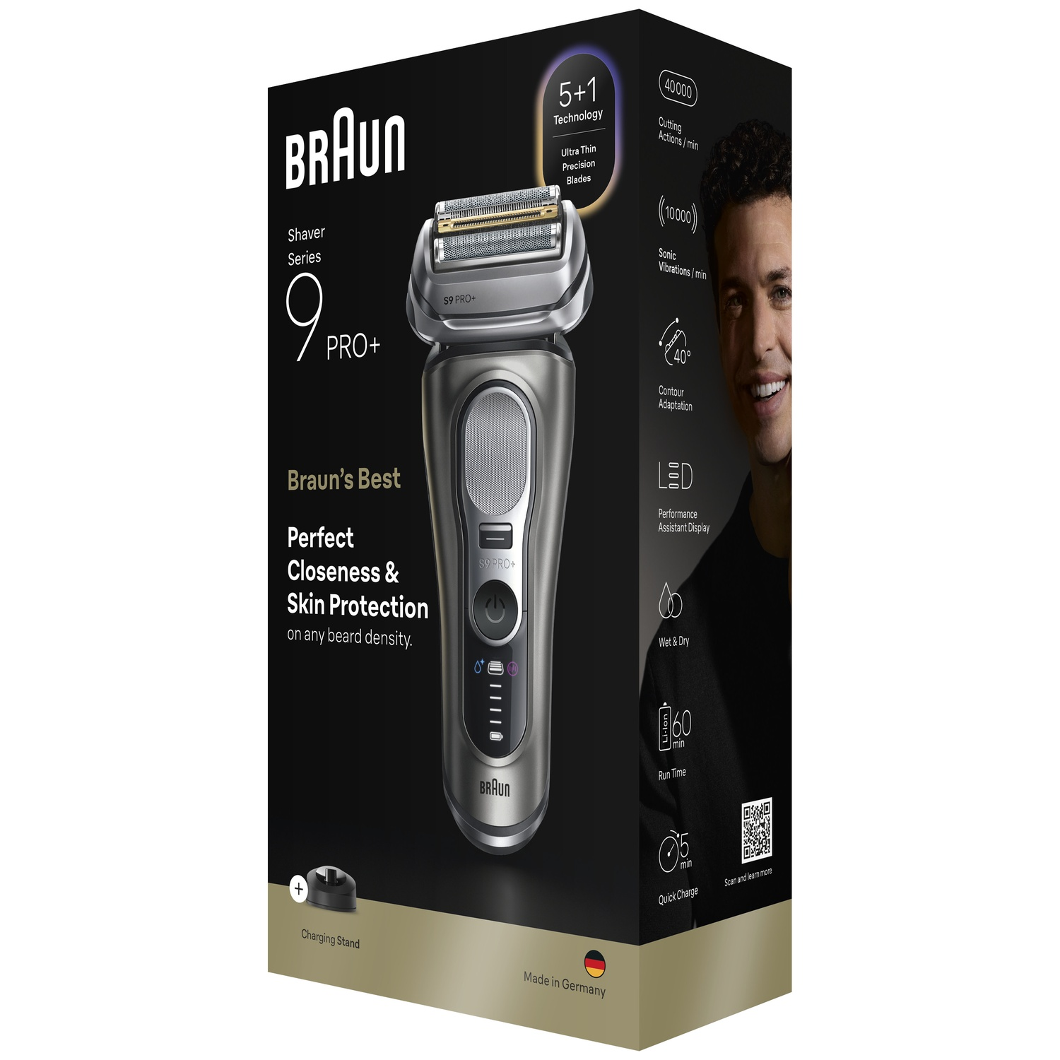 Product packaging for Braun Series 9 Pro+ shaver, featuring a silver shaver and a smiling man.