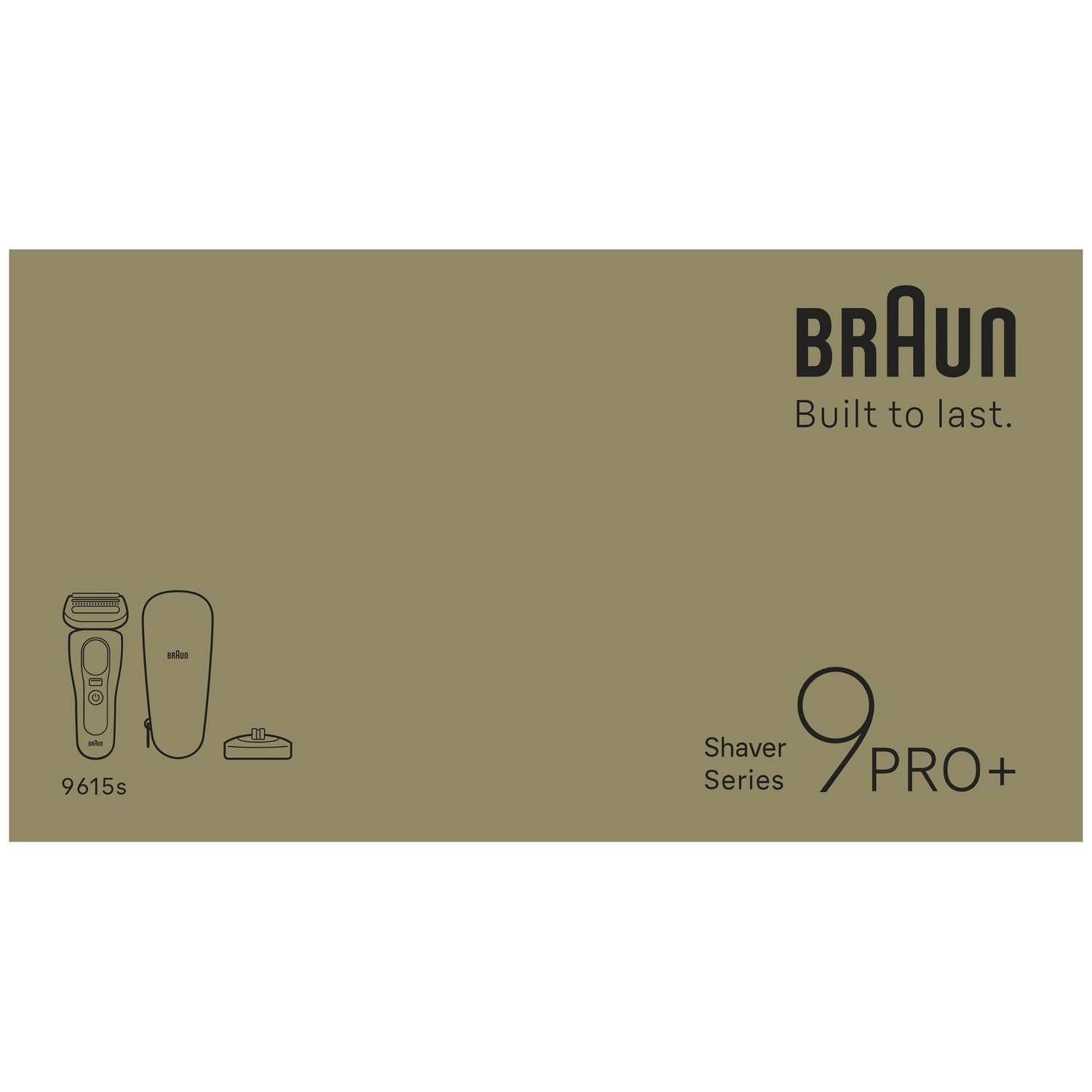 Olive green Braun Shaver Series 9 Pro+ box showing product icons and text.