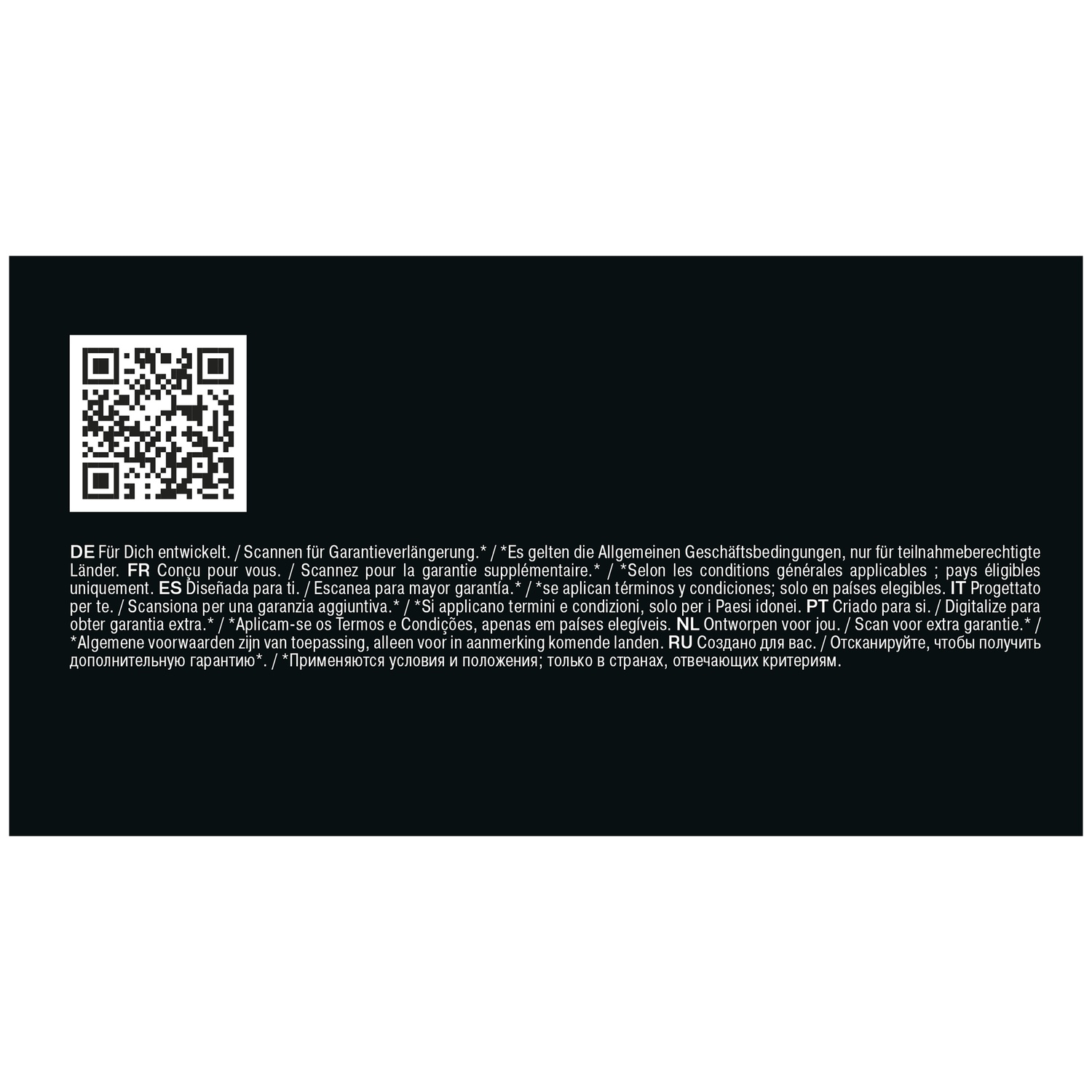 Black poster with a QR code on the left and multilingual text below for warranty extension.