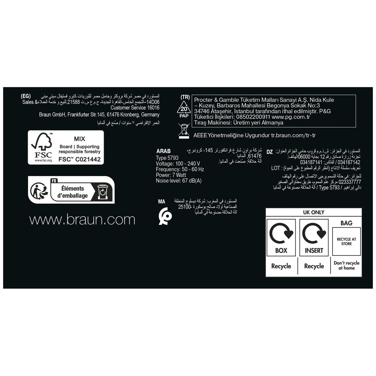 Product packaging label with recycling symbols, manufacturer info in multiple languages, and technical specifications.
