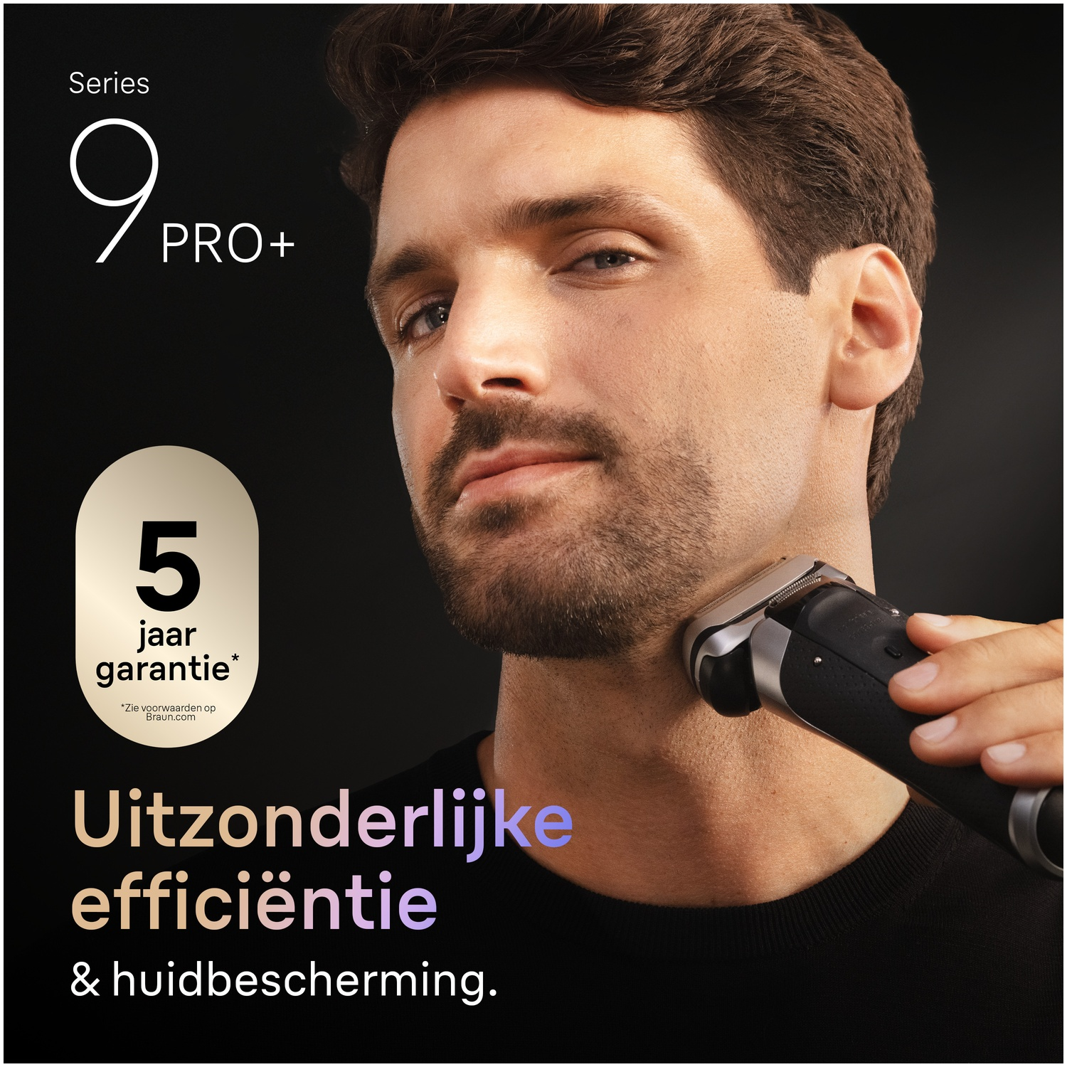 A man shaves his face with a silver and black electric shaver. Text and a 5-year warranty badge appear on screen.