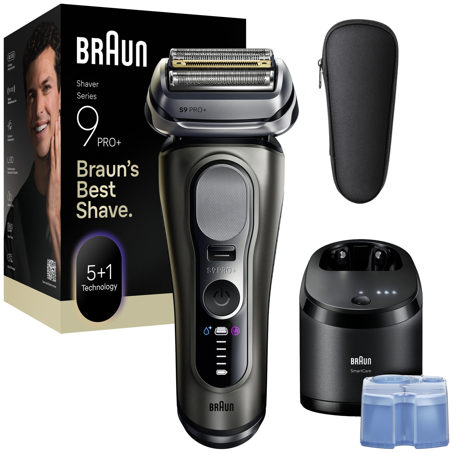 Braun Series 9 Pro+ shaver with box, charging station, case, and cleaning cartridge against a white background.