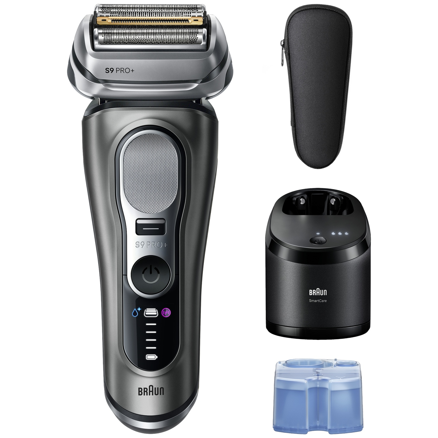 Braun S9 Pro+ electric shaver with charging base, travel case, and cleaning cartridge on white.