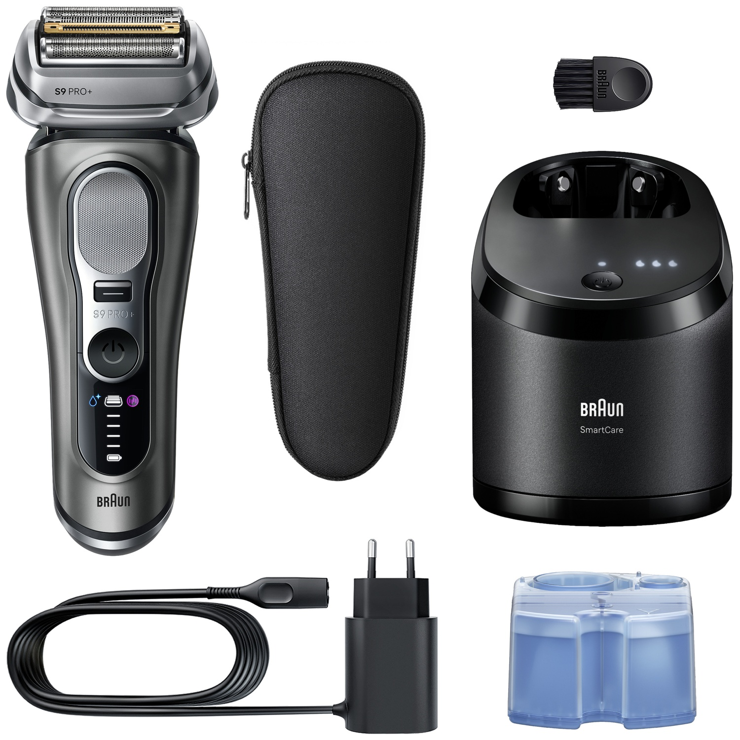 Braun shaver S9 Pro+ with charging station, case, power cord, cleaning brush, and cartridge on white background.