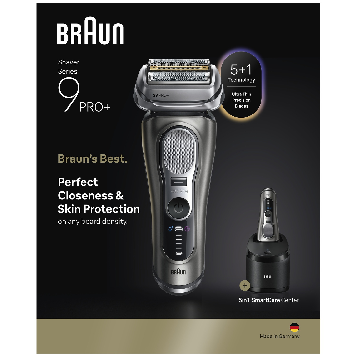 Braun Series 9 Pro+ shaver with SmartCare Center against a black background.