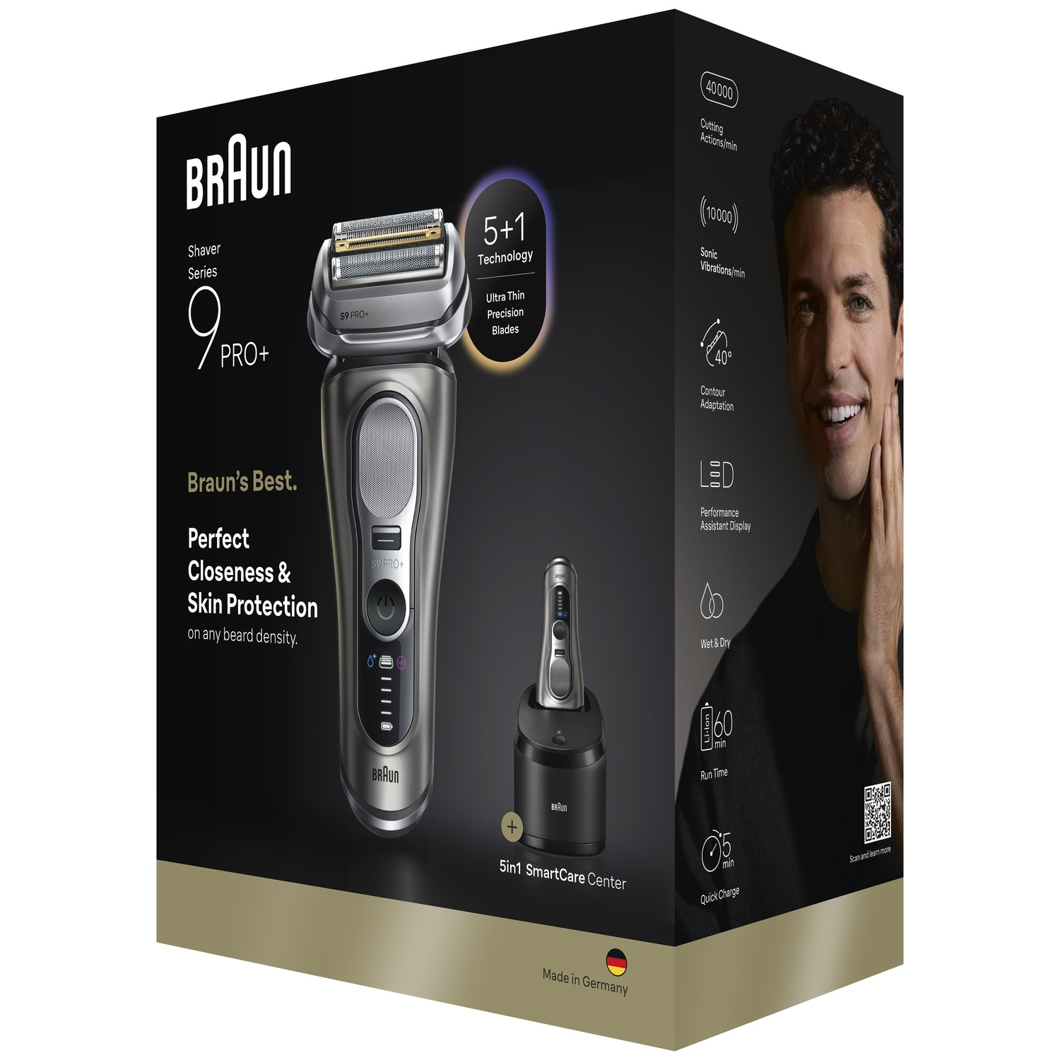 Packaging for Braun Series 9 Pro+ shaver, showing the product, SmartCare center, and a smiling man.