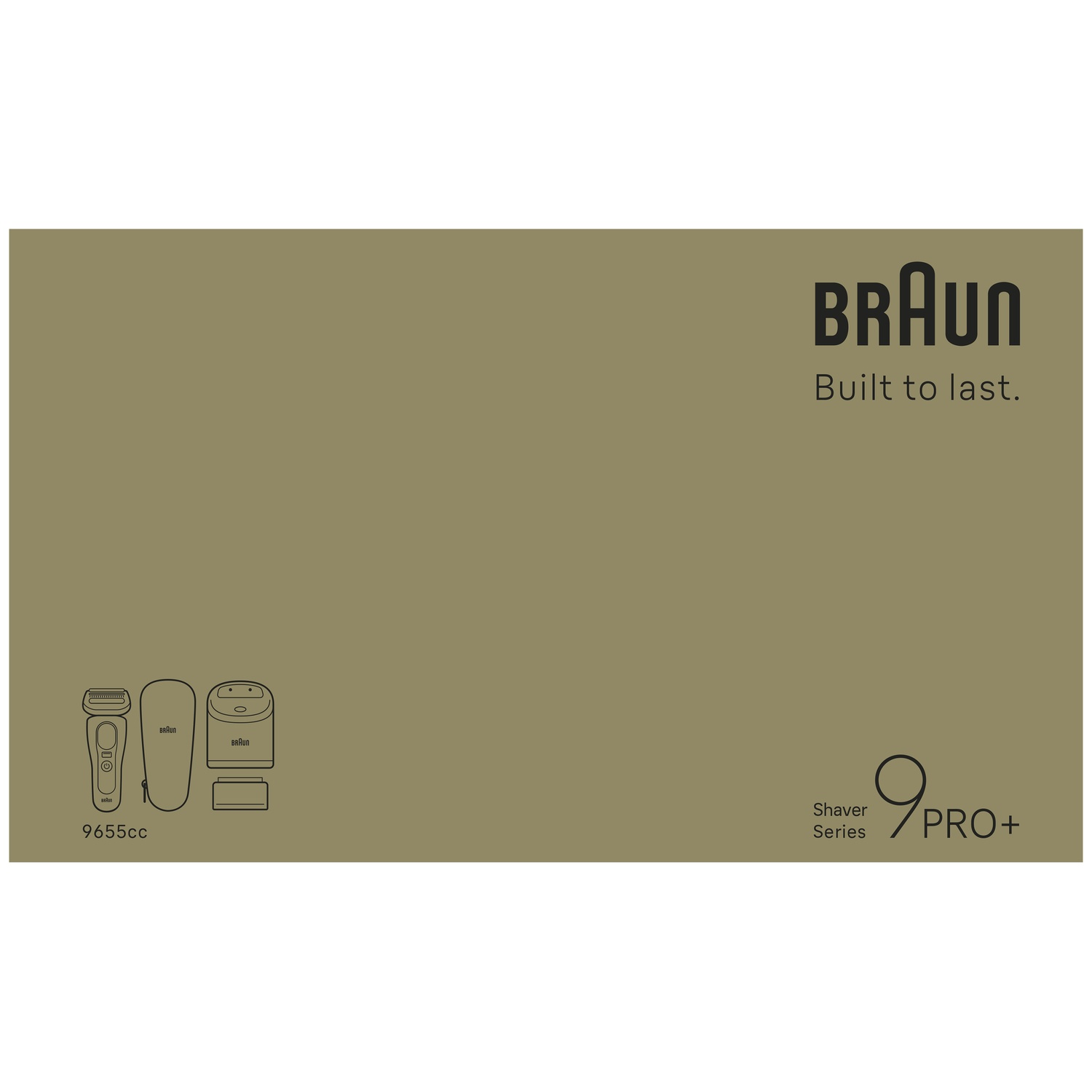 Olive green Braun Shaver Series 9 PRO+ box with black text and product icons.