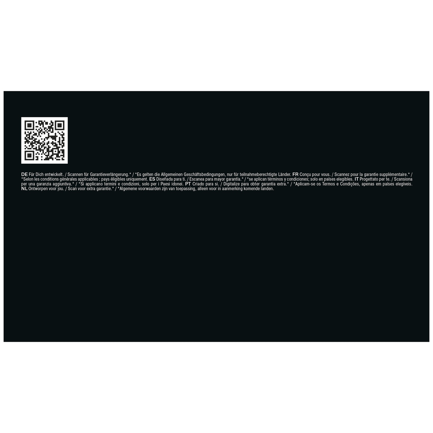 A black image with a QR code and multilingual warranty extension text.
