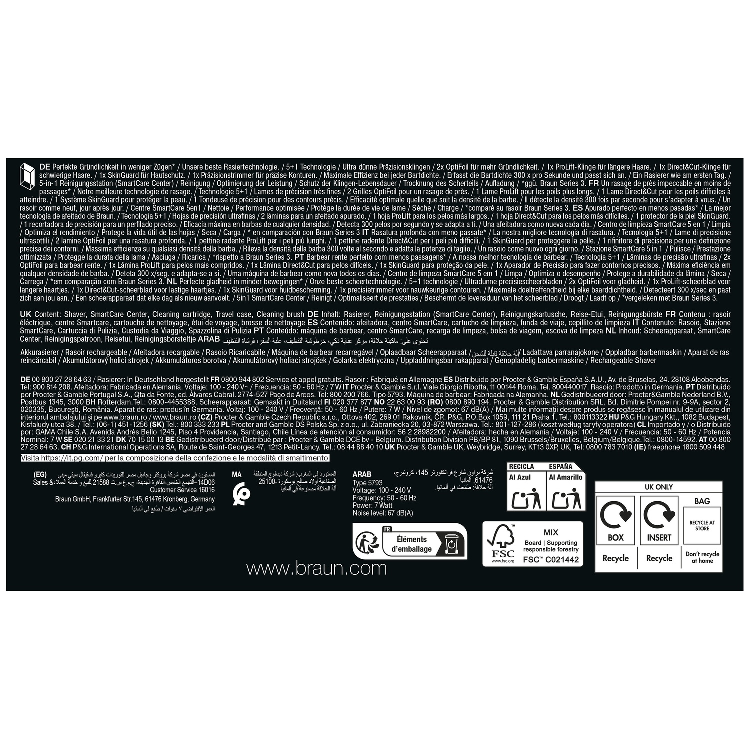 Technical product details and multilingual descriptions on a white background.
