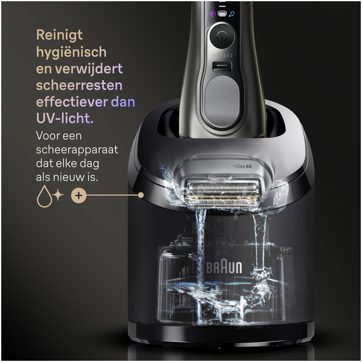 An electric shaver in a cleaning station with flowing water and text on the left side.