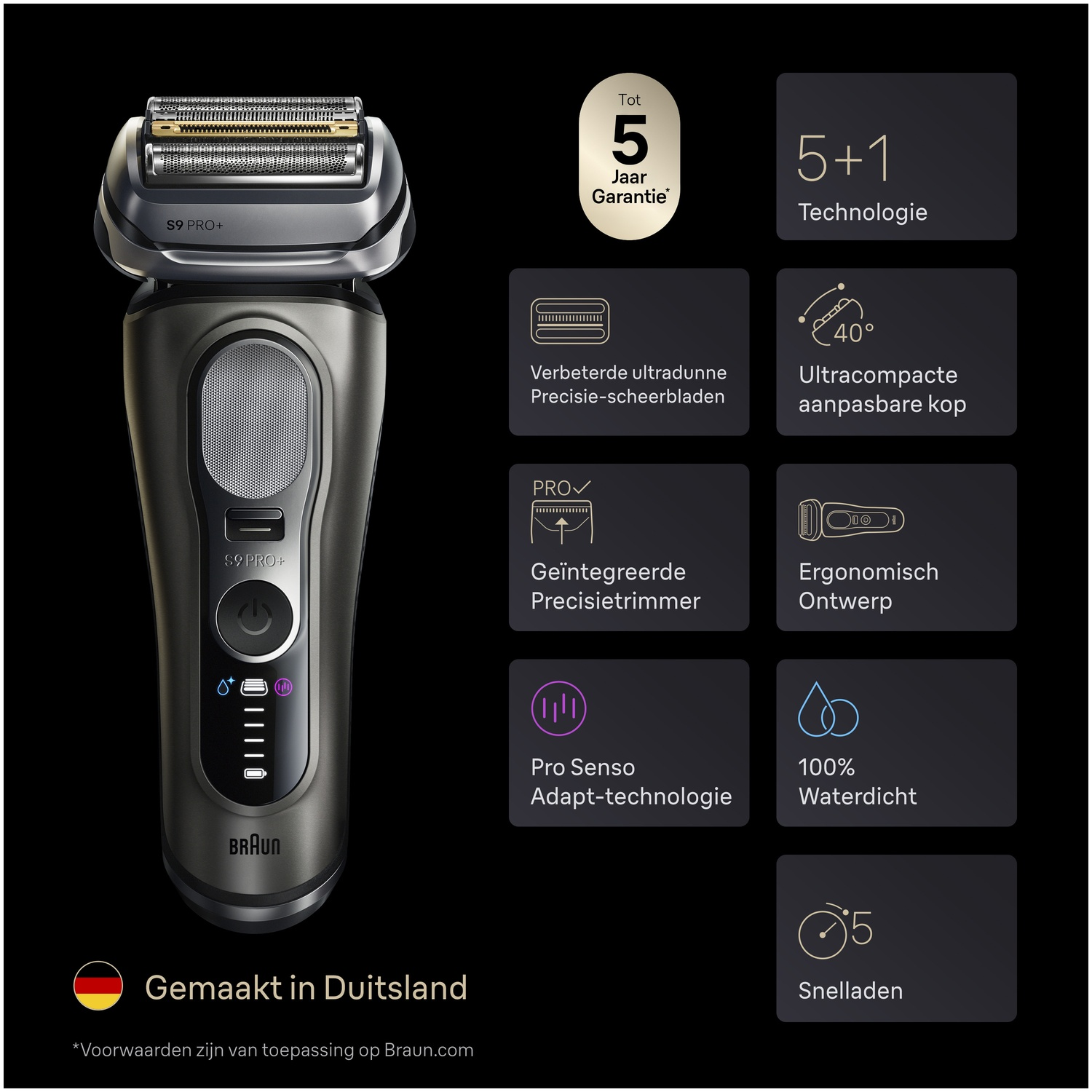 Braun Series 9 Pro+ shaver with product features and German flag.