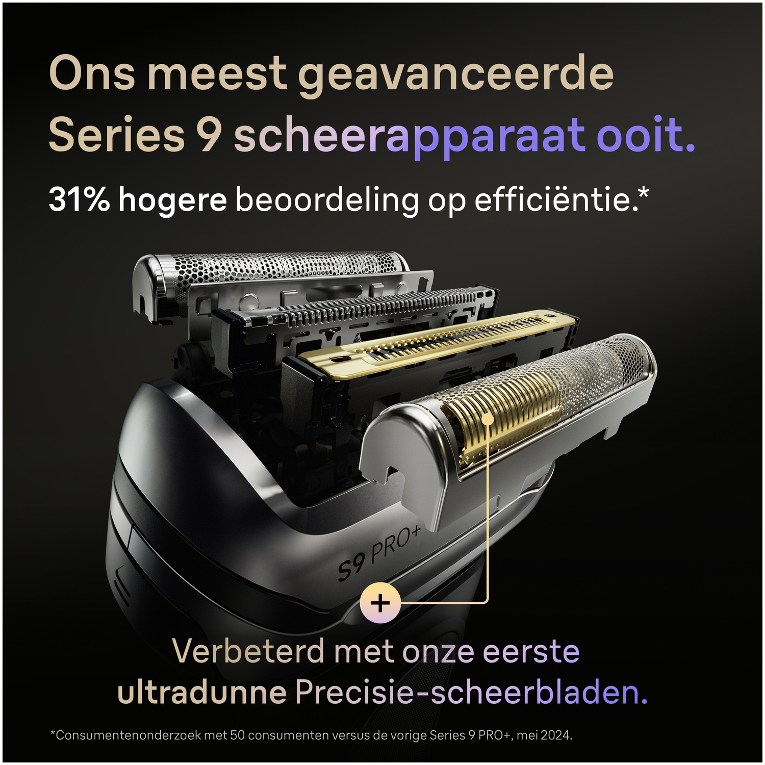 Exploded view of a Series 9 Pro+ shaver showing silver and gold blades against a dark background.