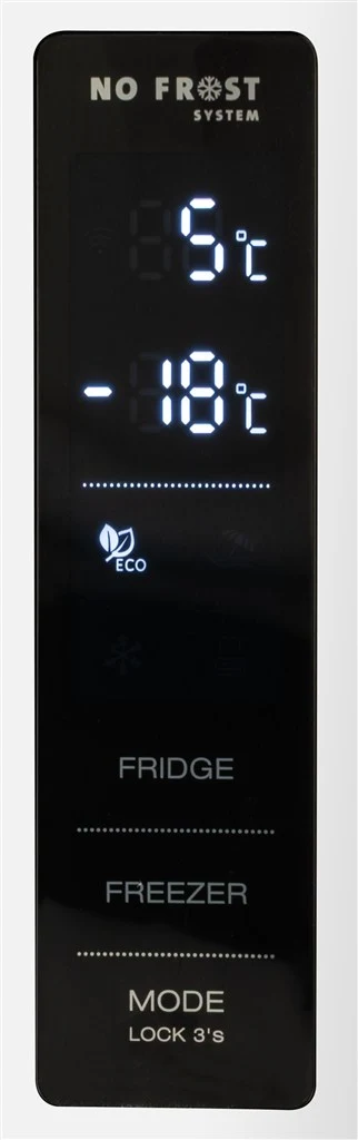 Fekete hűtőszekrény vezérlőpult fehér LED kijelzőkkel 5°C-hoz és -18°C-hoz, valamint öko móddal.