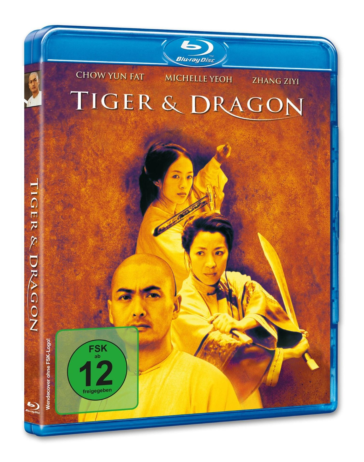 Blu-ray-Hülle des Films Tiger & Dragon mit drei Hauptdarstellern vor orangefarbenem Hintergrund.