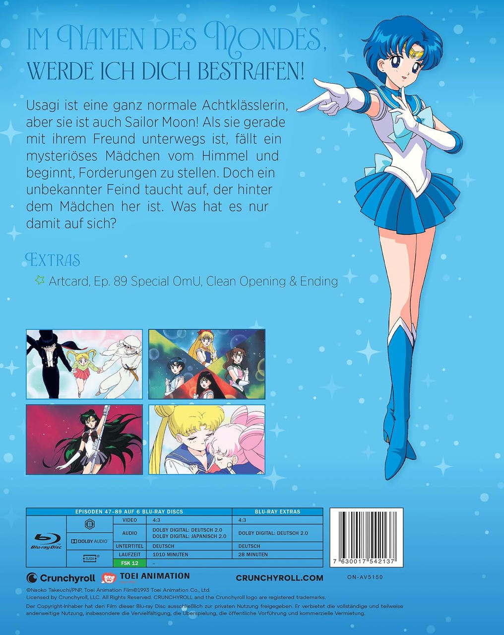 Sailor Mercury steppt vor blauem Hintergrund mit Text, Bildern und Barcode auf der Rückseite.
