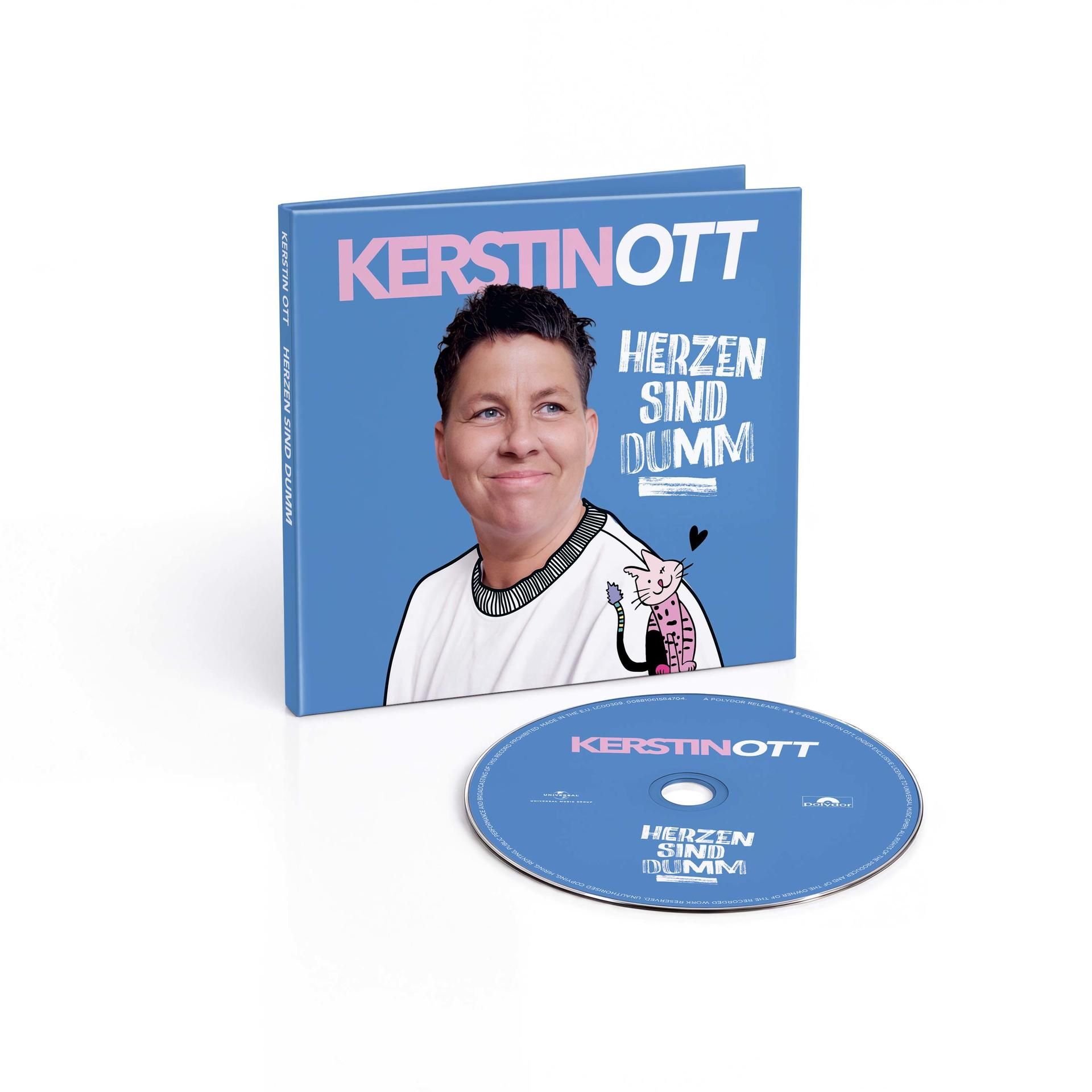 Blaue CD-Hülle und CD von Kerstin Ott mit dem Albumtitel Herzen sind dumm und einer gezeichneten Katze.