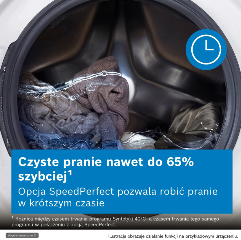 Bęben pralki z mokrymi ubraniami i niebieską ikoną czasu.