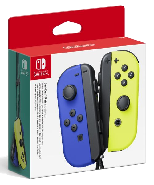 Para kontrolerów Joy-Con do Nintendo Switch w kolorze niebieskim i żółtym w pudełku.