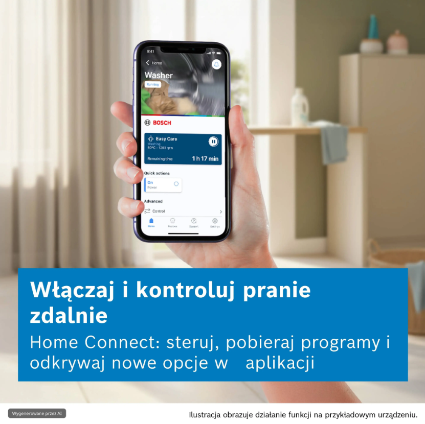 Ręka trzyma smartfon z aplikacją Bosch Home Connect do pralki.