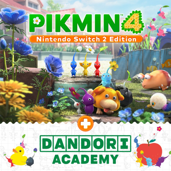 Okładka Pikmin 4 Nintendo Switch 2 Edition z kolorowymi postaciami, kwiatami, psem i owocem w ogrodzie.