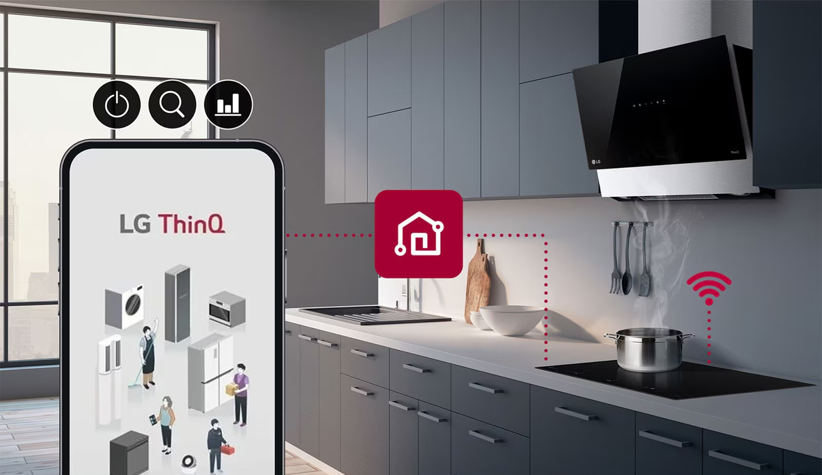 Smartfon z aplikacją LG ThinQ bezprzewodowo łączy się z inteligentnymi urządzeniami AGD w nowczesnej kuchni.