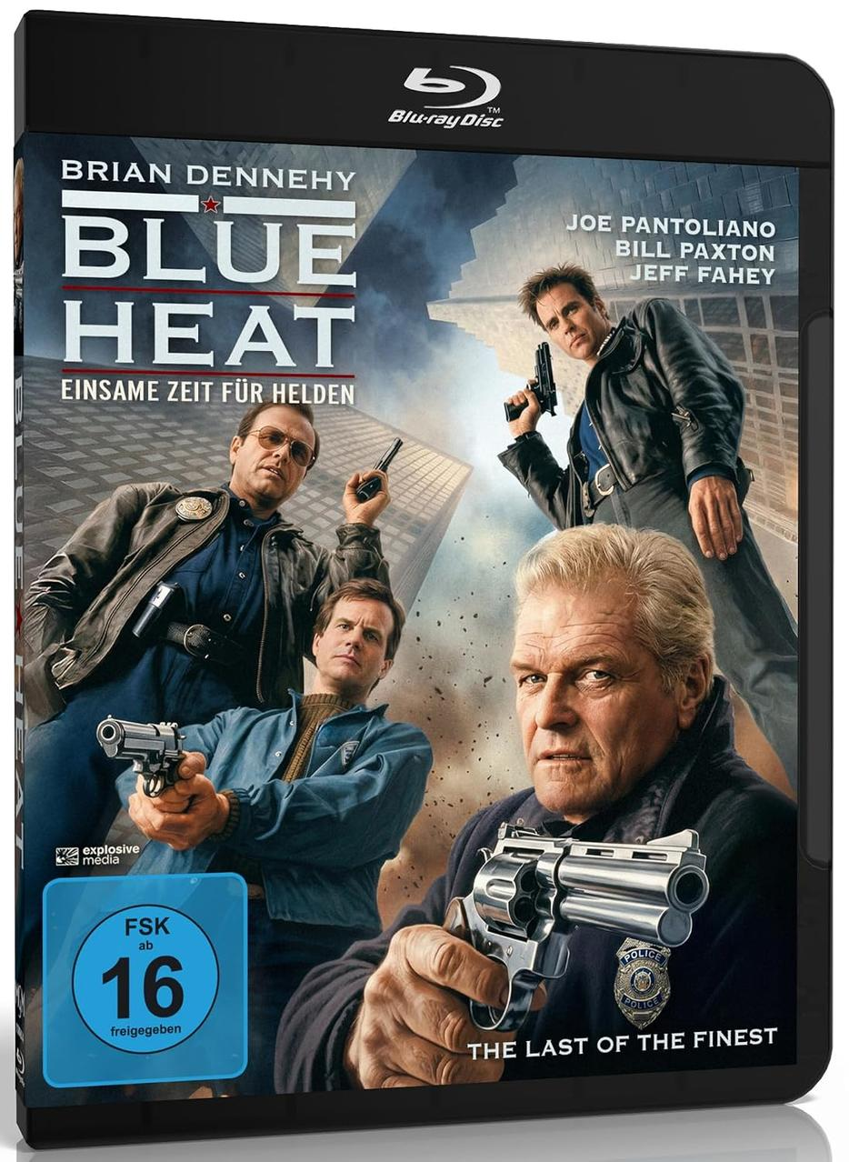 Blu-ray-Hülle des Films Blue Heat mit vier Polizisten und Pistolen vor einer Stadtkulisse.