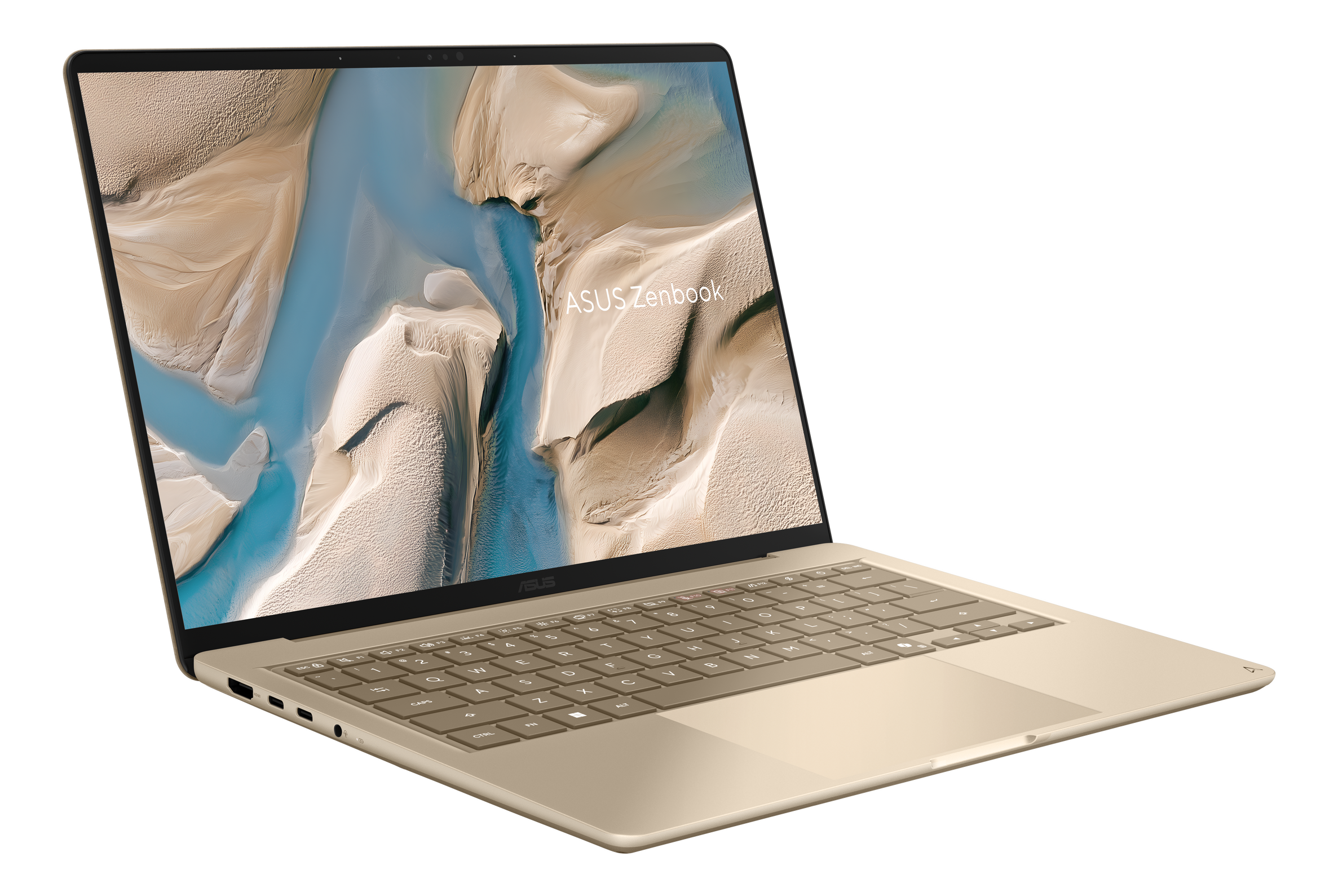 Ein offener, goldfarbener ASUS Zenbook Laptop leicht angewinkelt vor schwarzem Hintergrund.