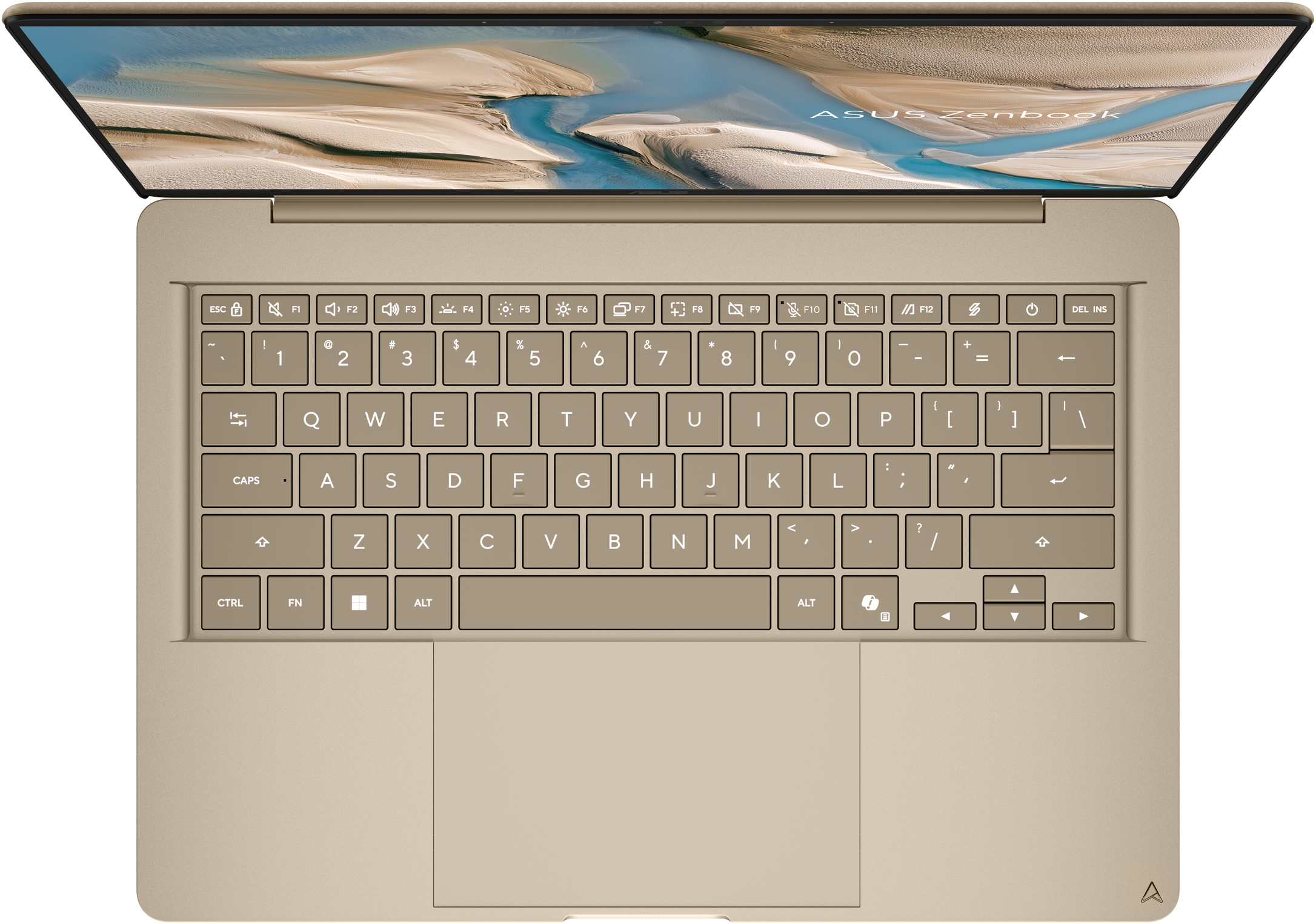 Ein goldener Laptop von oben. Die Tastatur und das Display mit Flusslandschaft sind sichtbar.