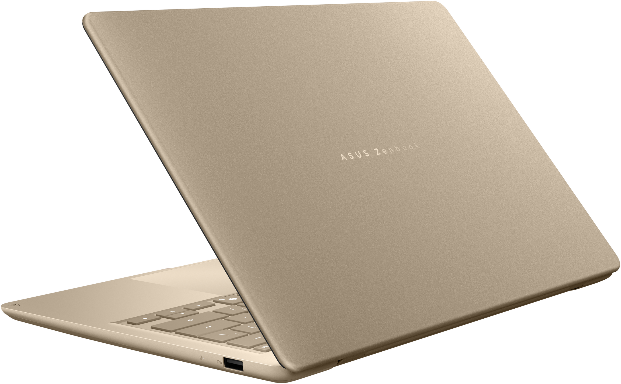 Ein goldener ASUS ZenBook Laptop auf schwarzem Hintergrund mit sichtbarer Tastatur und Logo.