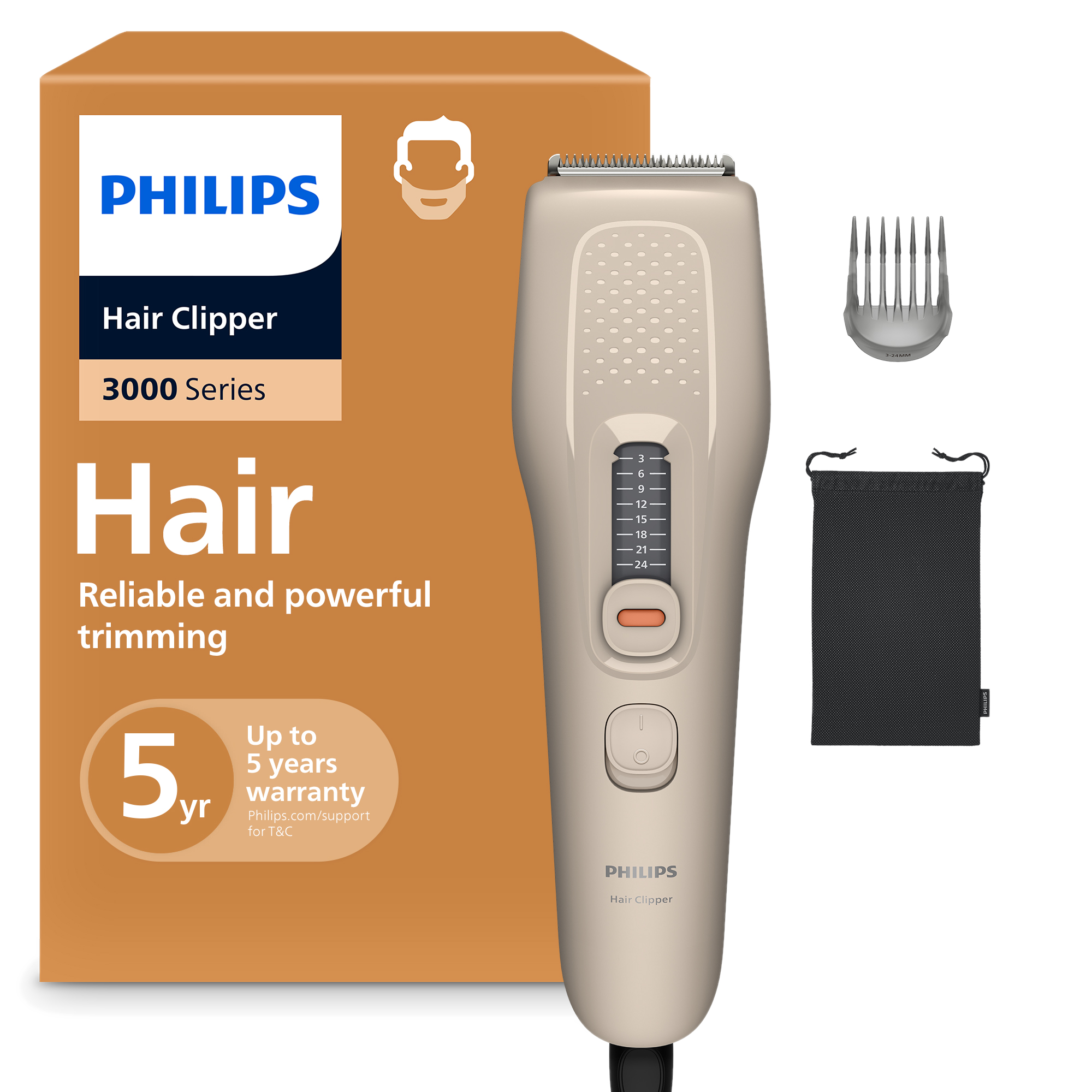 Maszynka do strzyżenia włosów Philips seria 3000 w kolorze beżowym przed pudełkiem z nasadką i etui.